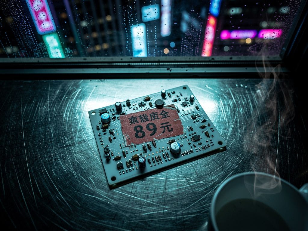 The ¥89 development board on a scratched metal table