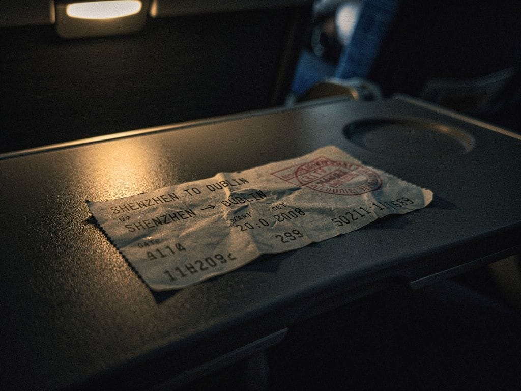 Crumpled Shenzhen to Dublin boarding pass stub