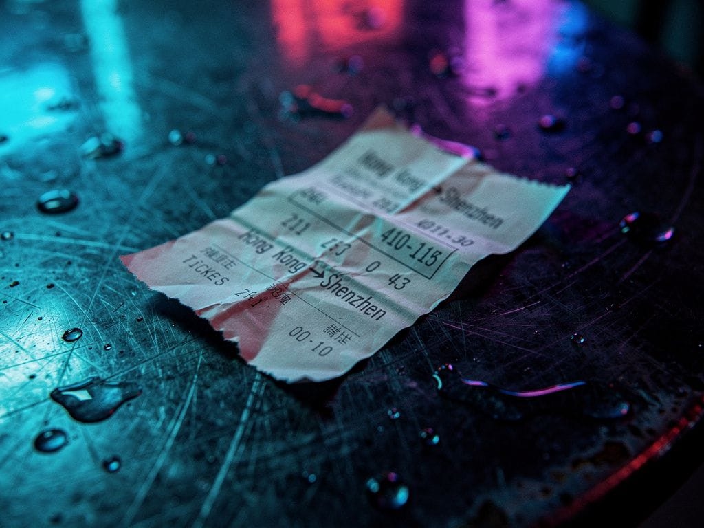 Crumpled ferry receipt from Hong Kong to Shenzhen