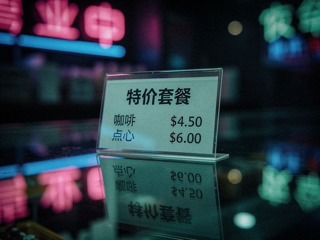 Laminated MiniMax price card on glass counter