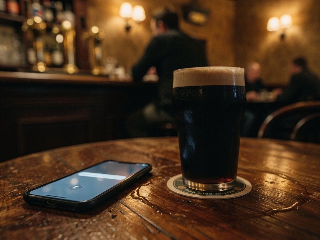 A quiet Dublin pub — a pint on a damp coaster, a phone notification glowing in low light